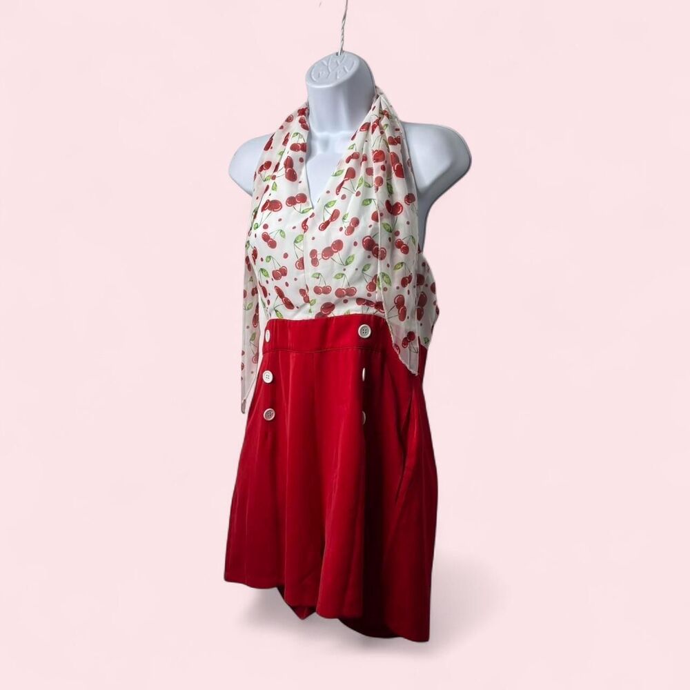 Retro Stage Women's L Cherry Print Halter Romper White Button Detail NWT Red